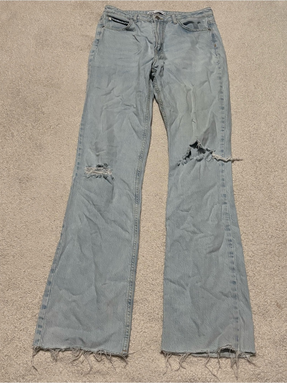 Zara Light Blue Distressed Straight Leg Jeans